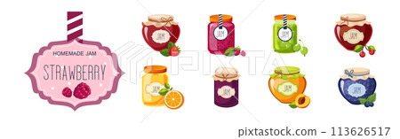 Jam Jar with Label and Sweet Canned Fruit Vector Set Jam Jar with Label and Sweet Canned Fruit Vector Set 113626517
