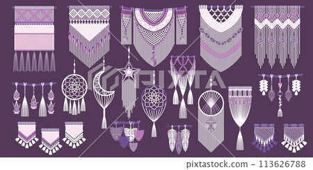 Braided rope wall decorations. Hanging macrame goods, handmade knitted elements, cozy home boho style, thread scandinavian hygge ornament, tidy vector cartoon flat isolated illustrations set 113626788