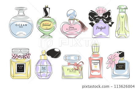Cartoon perfumery bottles. Vintage glass flask with spray, designer packages, luxury fragrances, beauty unisex products, different flacons with dispenser, tidy vector isolated beauty product set 113626804