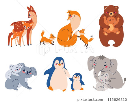 Cute animal moms and babies. Cartoon funny mothers and children, fauna characters, parent with kids, lovely zoo families, little deer, fox and bear, exotic koala, penguin and elephant vector set 113626810