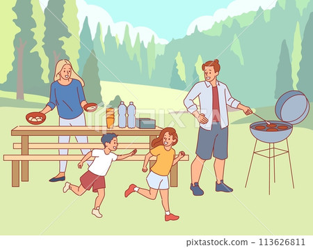 Family barbecue party. Parents cook meat on grill, children play outdoors, lunch in nature, happy people actively relaxing, leisure outdoor together, cartoon flat style vector concept Family barbecue party. Parents cook meat on grill, children play outdoors, lunch in nature, happy people actively relaxing, leisure outdoor together, cartoon flat style vector concept 113626811