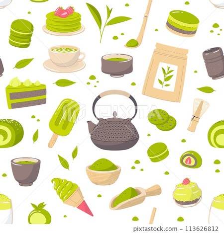 Green matcha desserts seamless pattern. Japanese tea, hot drink and brewing accessories, ice cream, macaroons and cake. Decor textile, wrapping, wallpaper design. Vector background Green matcha desserts seamless pattern. Japanese tea, hot drink and brewing accessories, ice cream, macaroons and cake. Decor textile, wrapping, wallpaper design. Vector background 113626812