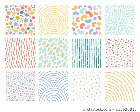 Hand drawn doodle textures. Cute spots and dashes, circular, linear patterns, trendy abstract elements, repeated strokes, dots, childish textile and clothes decor. Backgrounds vector set 113626813