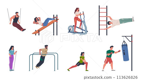 Street workout. People do sports outside, athletes on outdoor horizontal bars, simulators, city park gym, cardio and strength physical activity, healthy life, cartoon flat nowaday vector set 113626826