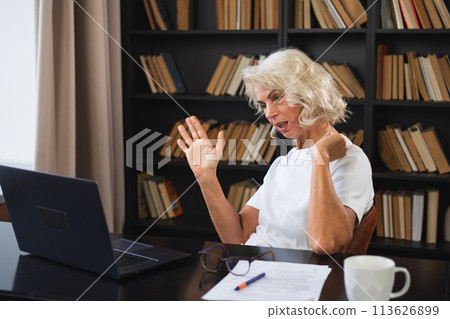 Video call. Happy middle aged senior woman sit with laptop talk on video call. Mature old senior lady having fun talking speaking online. Older generation modern tech usage Virtual meeting online chat 113626899