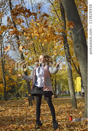 beautiful, cheerful girl on a walk in the autumn park 113626938