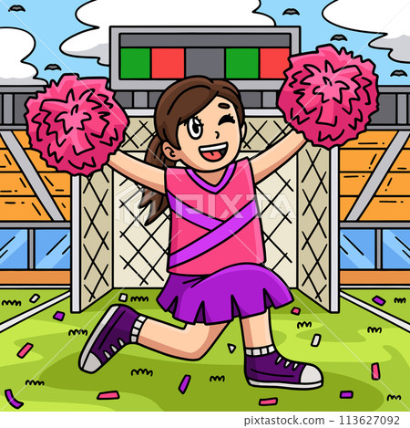 Cheerleader Girl Kneeling Pompoms Colored Cartoon 113627092