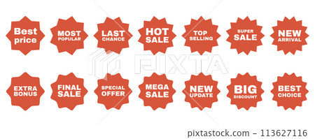 Collection of starbust badge label for sale promotion. Red silhouette stickers set with text. 113627116
