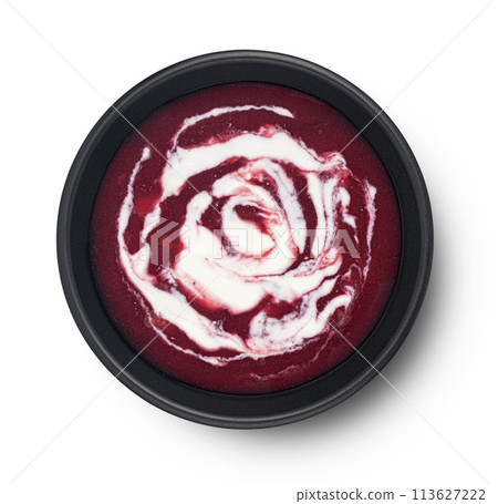 Beetroot soup with sour cream in black bowl isolated on white background, top view Beetroot soup with sour cream in black bowl isolated on white background, top view 113627222