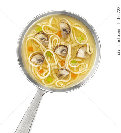 Ladle with instant noodle soup with mushrooms isolated on white background, top view, package design element Ladle with instant noodle soup with mushrooms isolated on white background, top view, package design element 113627223