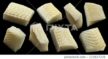 Fresh fish fillet pieces isolated on black background, collection Fresh fish fillet pieces isolated on black background, collection 113627226
