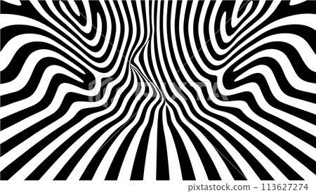 Abstract hypnotic pattern with black-white striped lines. Psychedelic background. Op art, optical illusion. Technology Half tone Pattern Background or modern design, graphic texture Abstract hypnotic pattern with black-white striped lines. Psychedelic background. Op art, optical illusion. Technology Half tone Pattern Background or modern design, graphic texture 113627274