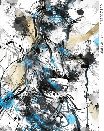 Futuristic shrine maiden and ink splash sumi-e art 113627569