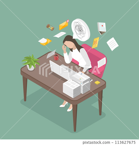 3D Isometric Flat Vector Illustration of Frustrated Overworked Woman, Stress Due to Burning Deadlines 3D Isometric Flat Vector Illustration of Frustrated Overworked Woman, Stress Due to Burning Deadlines 113627675