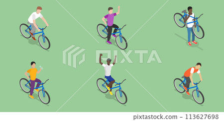 3D Isometric Flat Vector Set of Cycling People, Recreational Outdoor Activity 113627698