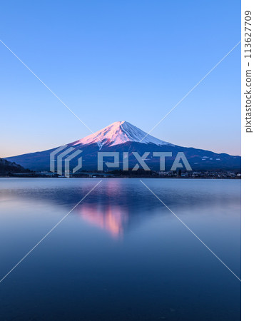 Inverted crimson Fuji seen from Lake Kawaguchi, - Stock