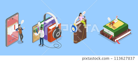 3D Isometric Flat Vector Illustration of Virtual Library, Online Education 113627837