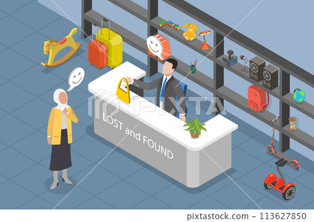 3D Isometric Flat Vector Illustration of Lost And Found Luggage Office, Baggage Claim 113627850