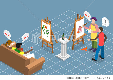 3D Isometric Flat Vector Illustration of Creative Art Entertainment , Paint and Sip 113627855