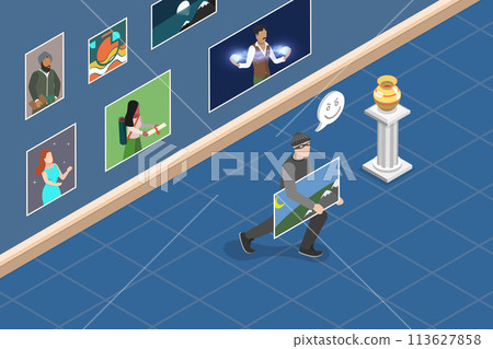3D Isometric Flat Vector Illustration of Stealing Painting, Art Gallery Robbery 113627858