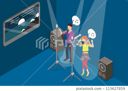 3D Isometric Flat Vector Illustration of People at Karaoke Party, Amateur Singers 113627859