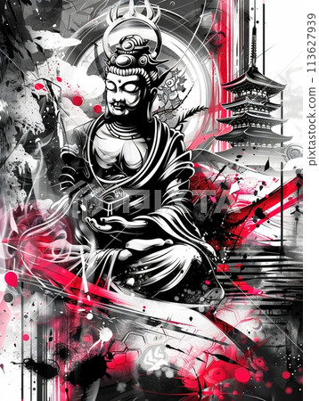 Futuristic ink painting of the Kannon Bodhisattva, wrapped in vivid ink contrast 113627939