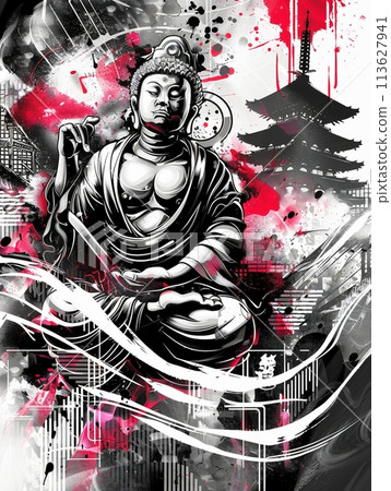 Futuristic ink painting of the Kannon Bodhisattva, wrapped in vivid ink contrast Futuristic ink painting of the Kannon Bodhisattva, wrapped in vivid ink contrast 113627941