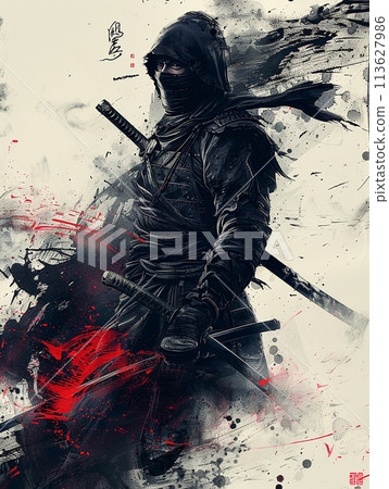 Ink painting of a ninja warrior surrounded by colorful splashes of color Ink painting of a ninja warrior surrounded by colorful splashes of color 113627986