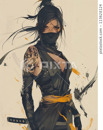 Female Ninja Gaze: Black and Yellow Ink Sumi-e Art 113628124
