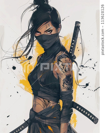 Female Ninja Gaze: Black and Yellow Ink Sumi-e Art Female Ninja Gaze: Black and Yellow Ink Sumi-e Art 113628126
