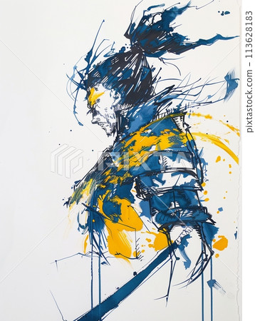 藍色和金色墨滴的武士墨繪藝術 藍色和金色墨滴的武士墨繪藝術 113628183