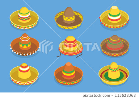 3D Isometric Flat Vector Set of Mexican Hats, Traditional Costume Elements 3D Isometric Flat Vector Set of Mexican Hats, Traditional Costume Elements 113628368