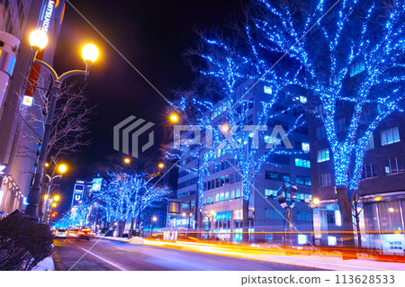 Winter night view of Sapporo Station street in Sapporo, Hokkaido, decorated with illuminations on the roadside trees Winter night view of Sapporo Station street in Sapporo, Hokkaido, decorated with illuminations on the roadside trees 113628533