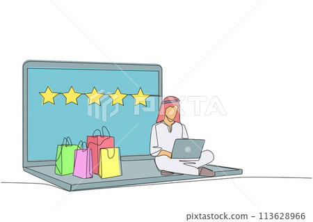 Single one line drawing happy Arabian man sitting on giant laptop typing on laptop. Bought a lot from online shop. Give a review of 5 stars. Ecommerce. Continuous line design graphic illustration 113628966