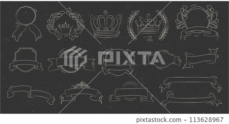 A set of hand drawn ribbons, banners. Hand drawn badge, banner, ribbon, flag, design element in the form of crown, quality mark and other elements for logo. Vector illustration. A set of hand drawn ribbons, banners. Hand drawn badge, banner, ribbon, flag, design element in the form of crown, quality mark and other elements for logo. Vector illustration. 113628967