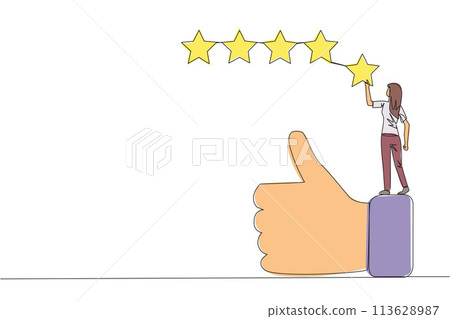 Single continuous line drawing young happy smiling woman standing on the thumbs up wants to attach the stars to form 5 stars in a row. Give review or good feedback. One line design vector illustration Single continuous line drawing young happy smiling woman standing on the thumbs up wants to attach the stars to form 5 stars in a row. Give review or good feedback. One line design vector illustration 113628987
