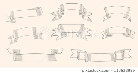 A collection of black and white linear text tapes on a beige background. Vintage ribbons in engraving style. Suitable for logos, emblems, quality marks. A collection of black and white linear text tapes on a beige background. Vintage ribbons in engraving style. Suitable for logos, emblems, quality marks. 113628989