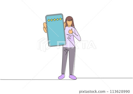 Single continuous line drawing woman standing holding smartphone and showing screen to the front. Giving review of 5 stars to online seller. Satisfied customer. One line design vector illustration Single continuous line drawing woman standing holding smartphone and showing screen to the front. Giving review of 5 stars to online seller. Satisfied customer. One line design vector illustration 113628990