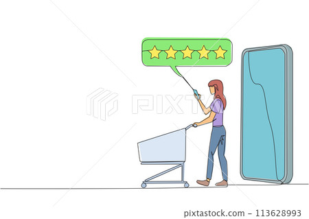 Single one line drawing happy woman walked out of large smartphone while pushing a shopping trolley. 5 stars rating review. E commerce. Review to seller. Continuous line design graphic illustration Single one line drawing happy woman walked out of large smartphone while pushing a shopping trolley. 5 stars rating review. E commerce. Review to seller. Continuous line design graphic illustration 113628993