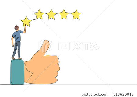 Single continuous line drawing young happy the man standing on the thumbs up wants to attach the stars to form 5 stars in a row. Give review or good feedback. One line design vector illustration Single continuous line drawing young happy the man standing on the thumbs up wants to attach the stars to form 5 stars in a row. Give review or good feedback. One line design vector illustration 113629013