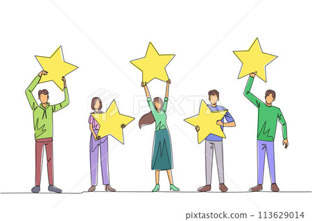 Single continuous line drawing a group of three men and two women raised their respective stars. Give positive feedback and the best review. 5 star. Online shop. One line design vector illustration Single continuous line drawing a group of three men and two women raised their respective stars. Give positive feedback and the best review. 5 star. Online shop. One line design vector illustration 113629014
