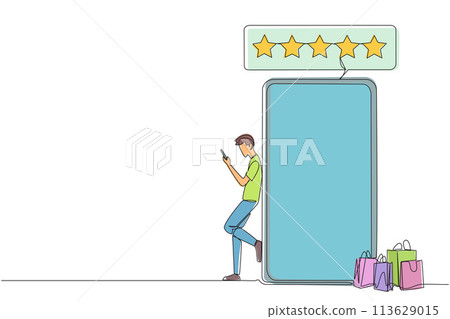 Continuous one line drawing young happy smiling man leaning on giant smartphone while typing on smartphone. Concept of online shop. Review five gold stars. Single line draw design vector illustration Continuous one line drawing young happy smiling man leaning on giant smartphone while typing on smartphone. Concept of online shop. Review five gold stars. Single line draw design vector illustration 113629015