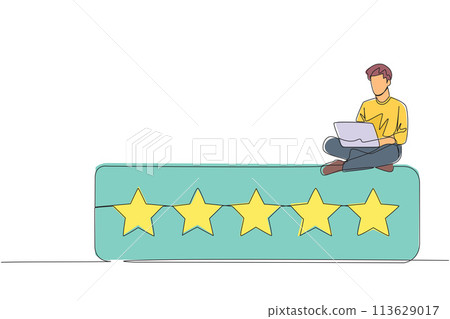 Single continuous line drawing young energetic happy man sitting on rating board typing laptop computer. Give 5 stars and a very satisfying review. Online shopping. One line design vector illustration 113629017