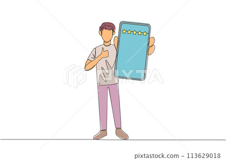 Single continuous line drawing happy man standing holding smartphone and showing screen to the front. Giving rating of 5 stars to online seller. Satisfied customer. One line design vector illustration Single continuous line drawing happy man standing holding smartphone and showing screen to the front. Giving rating of 5 stars to online seller. Satisfied customer. One line design vector illustration 113629018