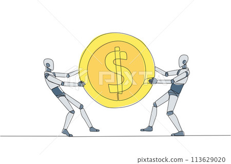 Single one line drawing two angry robot fighting over the dollar sign coin. The last coin used to buy fresh drinks at the vending machine. Attack. Humanoid. Continuous line design graphic illustration Single one line drawing two angry robot fighting over the dollar sign coin. The last coin used to buy fresh drinks at the vending machine. Attack. Humanoid. Continuous line design graphic illustration 113629020