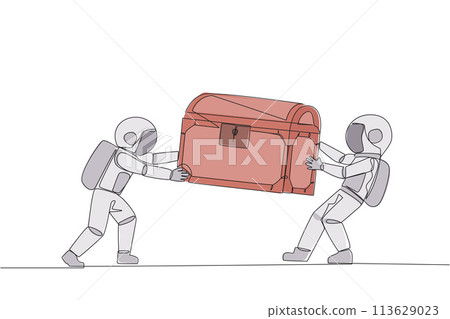 Continuous one line drawing two angry astronaut fighting over the treasure chest. Feel most entitled to the discovery of treasure. Rivalry and competition. Single line draw design vector illustration Continuous one line drawing two angry astronaut fighting over the treasure chest. Feel most entitled to the discovery of treasure. Rivalry and competition. Single line draw design vector illustration 113629023