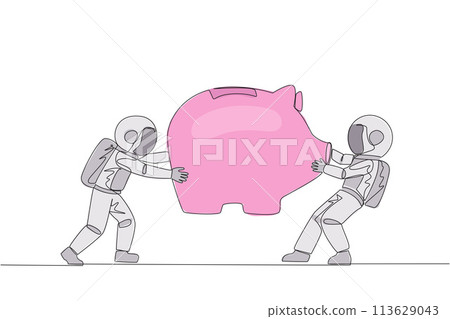 Single one line drawing two selfish astronaut fighting over big piggy bank. Arguing and each other feel entitled. Astronaut versus astronaut. Attack. Space. Continuous line design graphic illustration Single one line drawing two selfish astronaut fighting over big piggy bank. Arguing and each other feel entitled. Astronaut versus astronaut. Attack. Space. Continuous line design graphic illustration 113629043