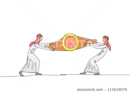 Continuous one line drawing two Arabian businessman fighting over boxing belt. Fight for to be the greatest and strongest businessman. Businessman battle. Single line draw design vector illustration 113629079