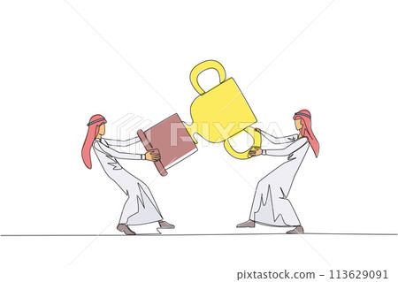 Single continuous line drawing two Arabian businessman fighting over trophy. There are no co-champions. The two entrepreneurs are required to contest ideas again. One line design vector illustration Single continuous line drawing two Arabian businessman fighting over trophy. There are no co-champions. The two entrepreneurs are required to contest ideas again. One line design vector illustration 113629091