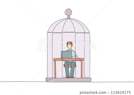 Continuous one line drawing businessman trapped in cage sitting and typing on laptop computer. Tiring routine. Unhappy businessman with the many deadline. Single line draw design vector illustration 113629175